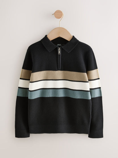 Dsiney Kidz - Black Stripe Long Sleeve Zip Neck Knitted Polo Shirt (3-16yrs) image 5