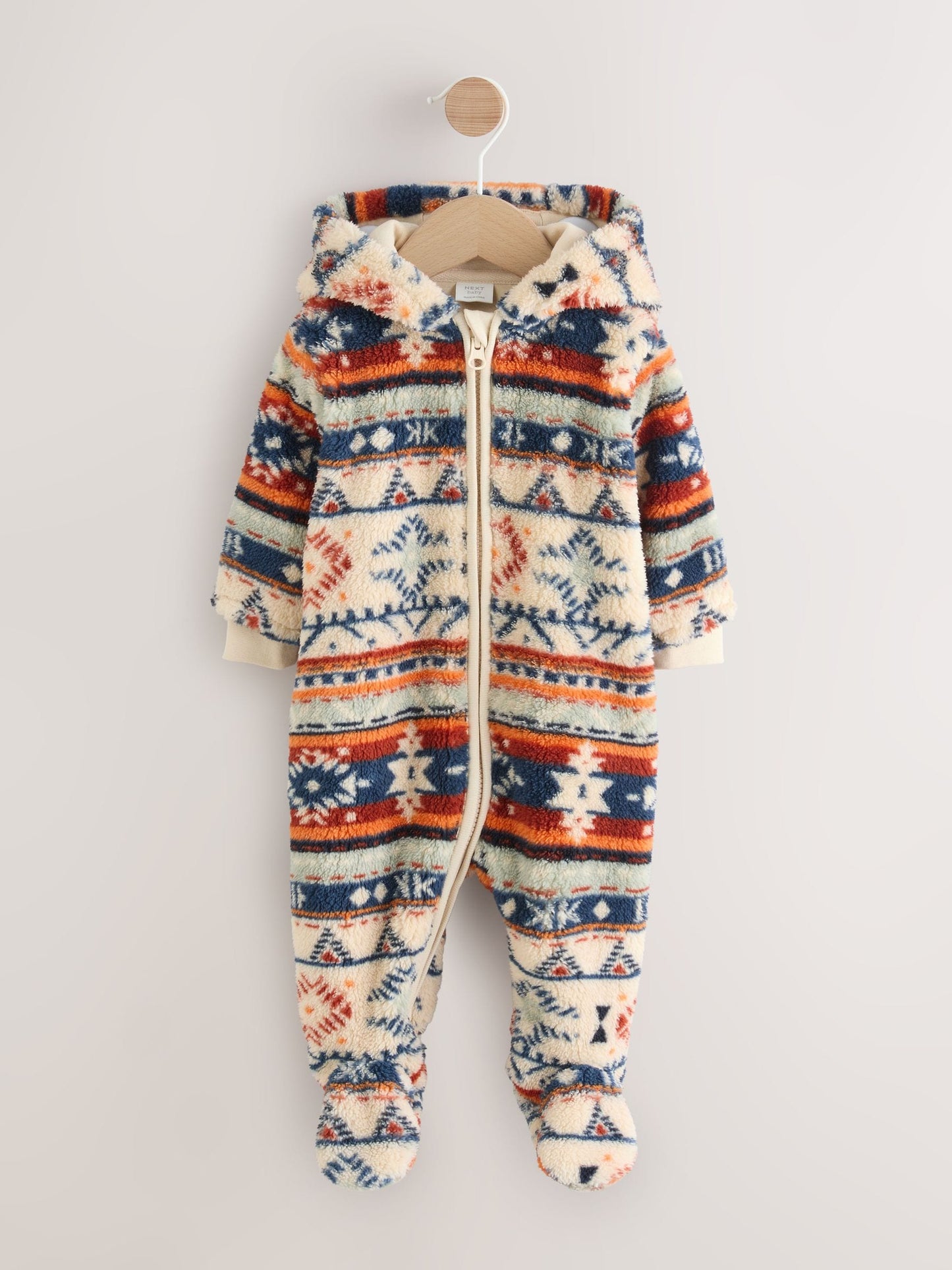 White Fairisle Pattern Zip Through Fleece Baby Pramsuit (0mths-2yrs)