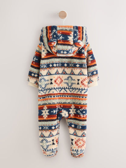 White Fairisle Pattern Zip Through Fleece Baby Pramsuit (0mths-2yrs)