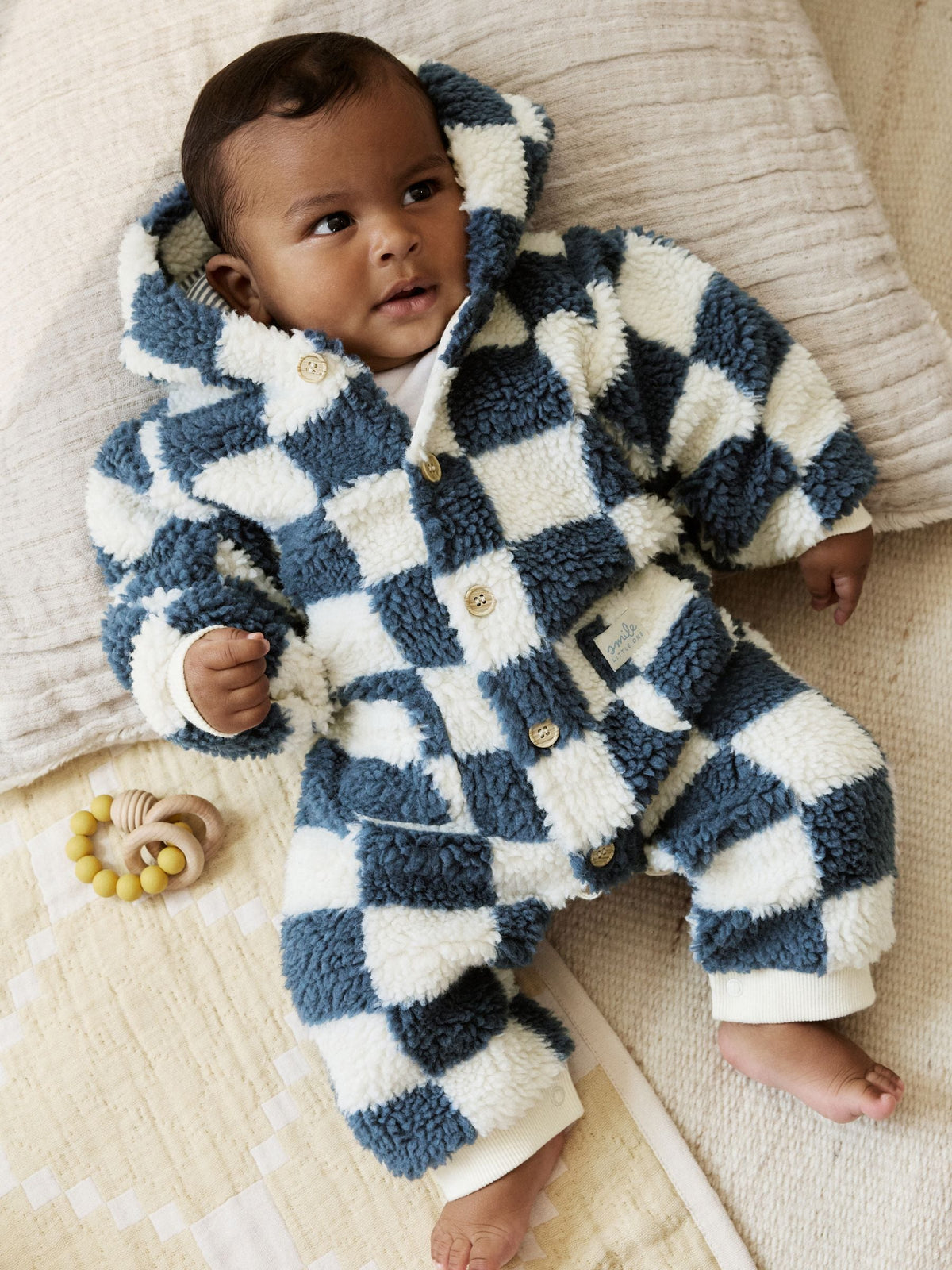 Blue Checkerboard Borg Hooded Baby Pramsuit (0mths-2yrs) - image 2
