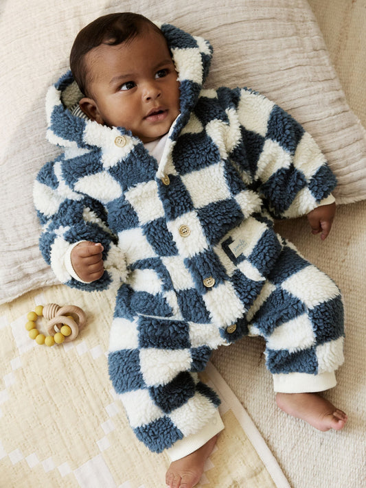 Blue Checkerboard Borg Hooded Baby Pramsuit (0mths-2yrs)