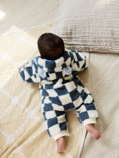 Blue Checkerboard Borg Hooded Baby Pramsuit (0mths-2yrs)