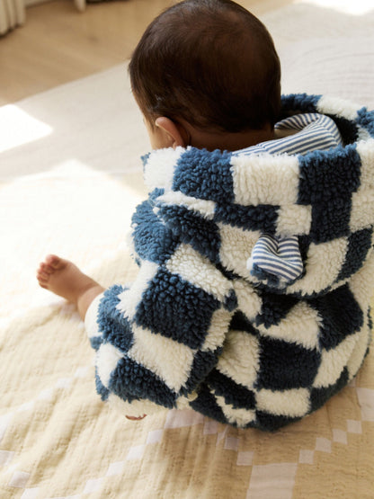 Blue Checkerboard Borg Hooded Baby Pramsuit (0mths-2yrs)