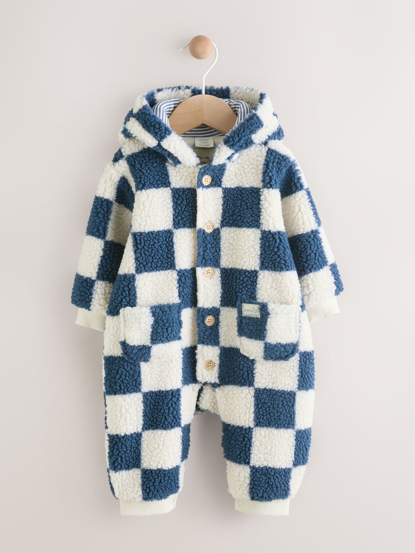Blue Checkerboard Borg Hooded Baby Pramsuit (0mths-2yrs)