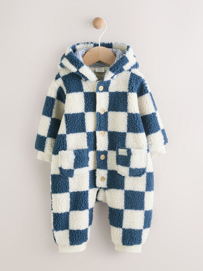 Blue Checkerboard Borg Hooded Baby Pramsuit (0mths-2yrs)