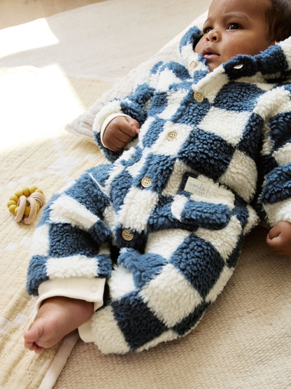 Blue Checkerboard Borg Hooded Baby Pramsuit (0mths-2yrs)