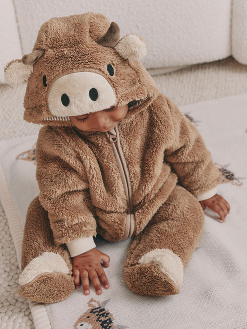 Brown Hamish Hooded Baby Fleece Pramsuit (0-18mths) image 1