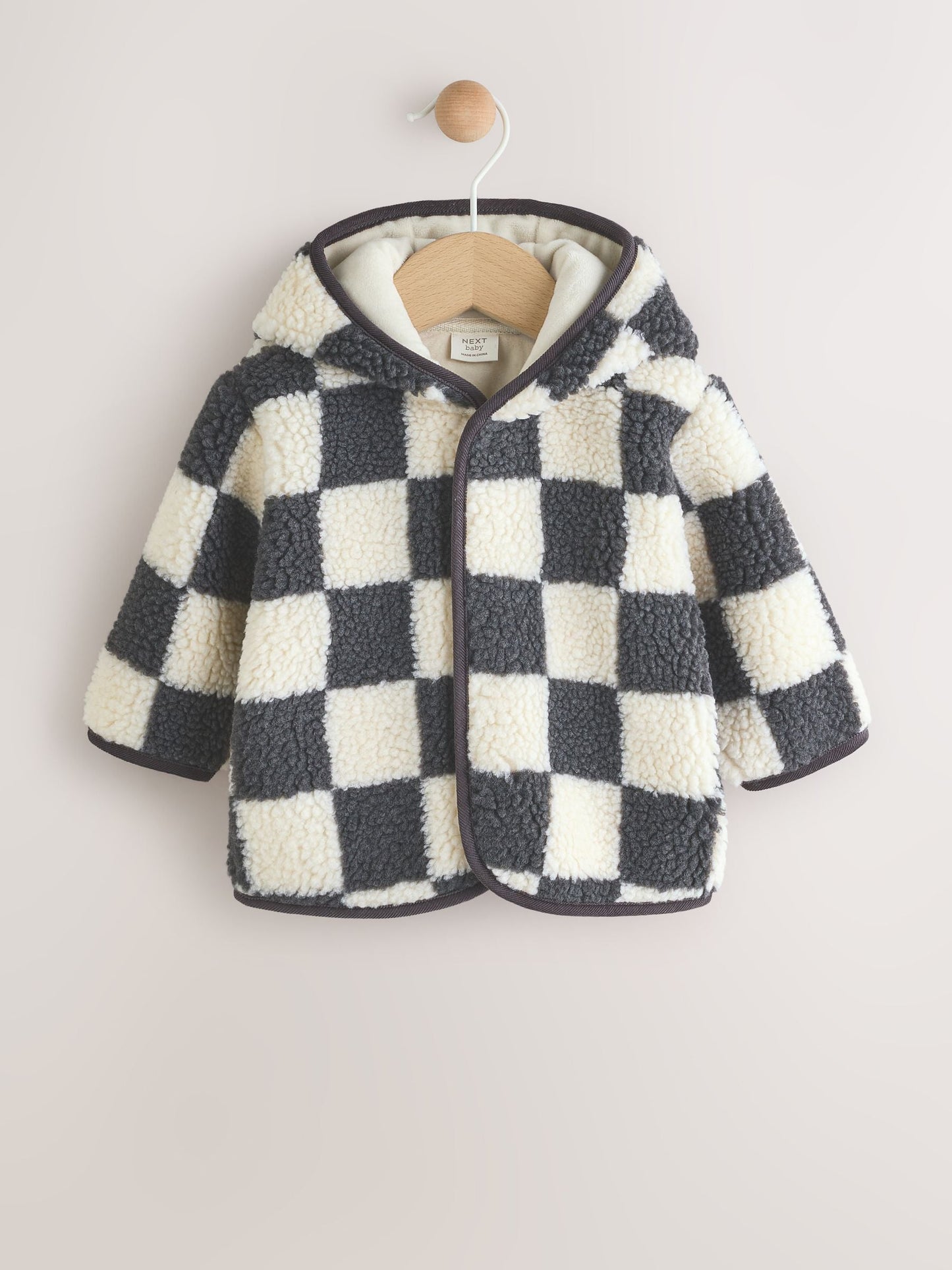 Charcoal Grey Checkerboard Hooded Baby Borg Jacket (0-18mths)