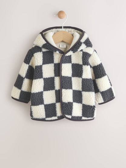 Charcoal Grey Checkerboard Hooded Baby Borg Jacket (0-18mths)
