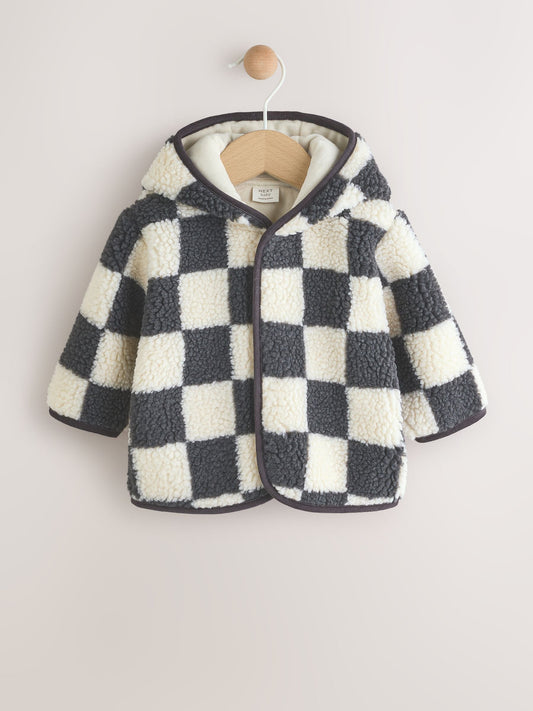 Charcoal Grey Checkerboard Hooded Baby Borg Jacket (0-18mths)
