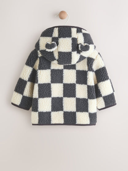 Charcoal Grey Checkerboard Hooded Baby Borg Jacket (0-18mths)