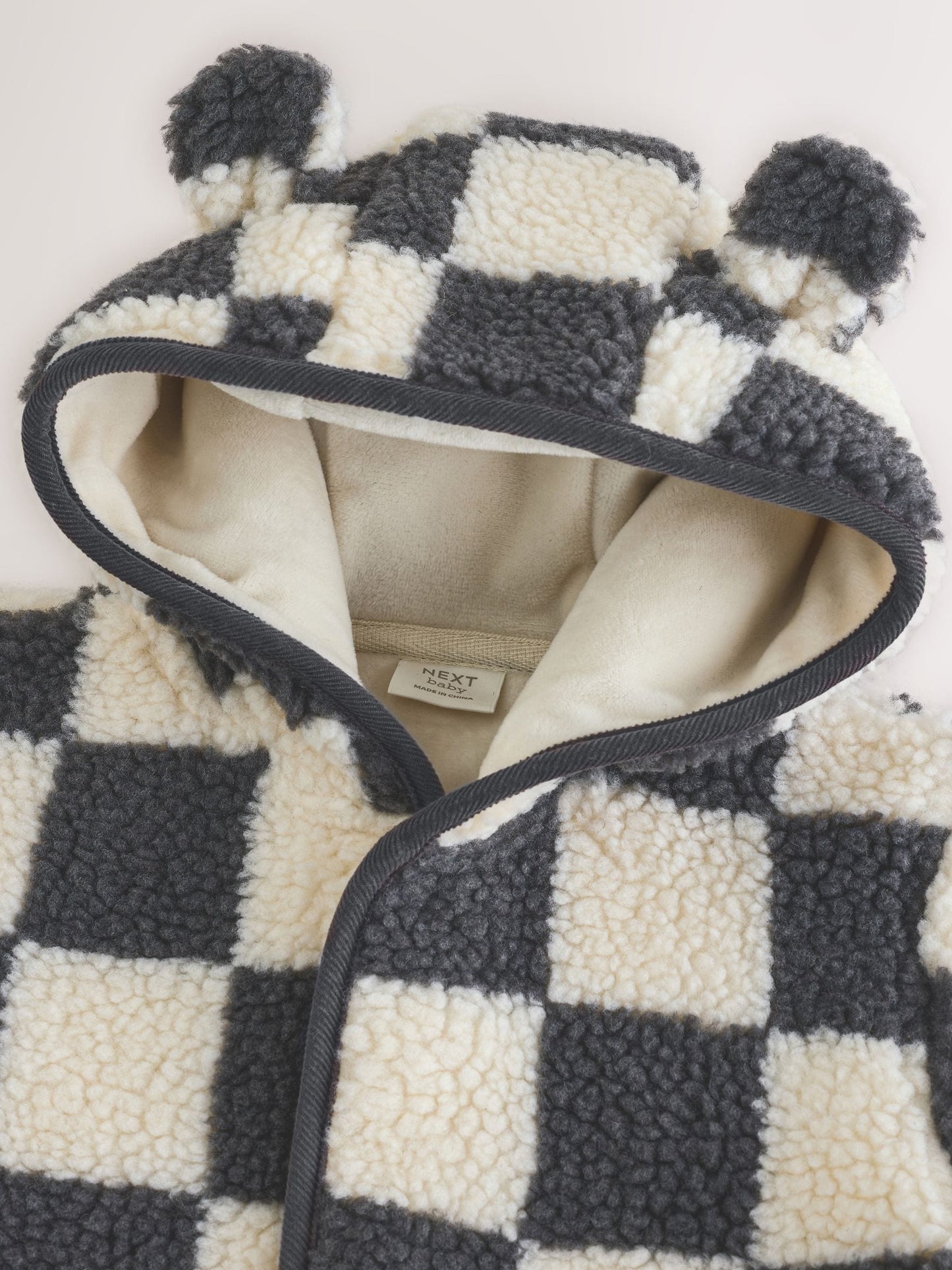 Charcoal Grey Checkerboard Hooded Baby Borg Jacket (0-18mths)