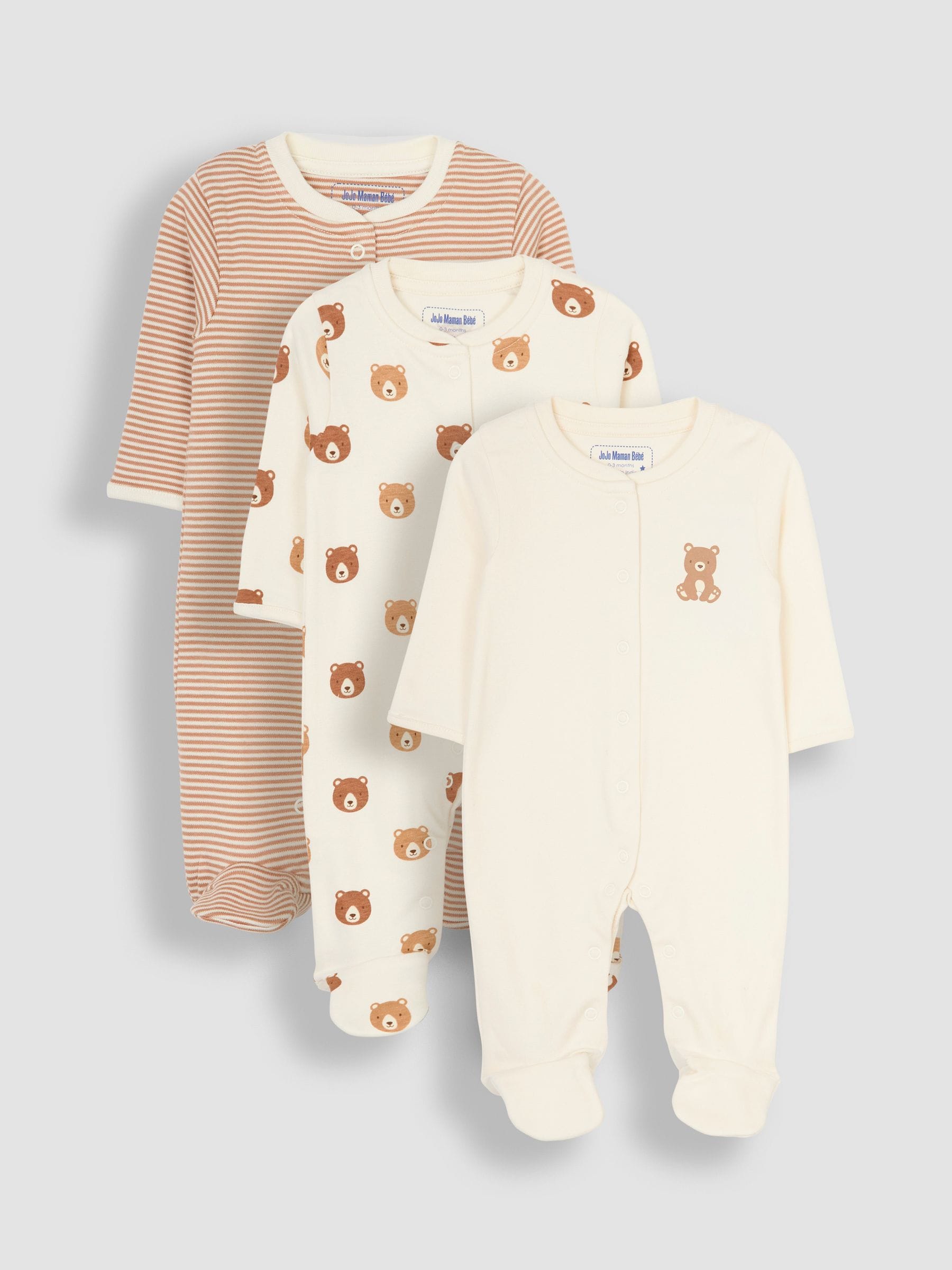JoJo Maman Bébé Natural Cream Cotton Footed Animal Print Sleepsuits 3-Pack image 1