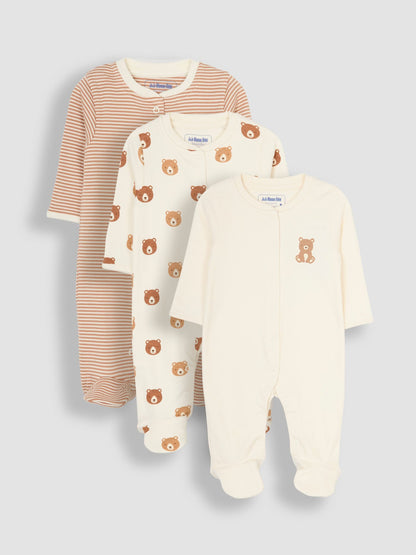 JoJo Maman Bébé Natural Cream Cotton Footed Animal Print Sleepsuits 3-Pack image 1