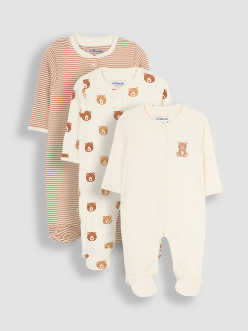 JoJo Maman Bébé Natural Cream Cotton Footed Animal Sleepsuits 3-Pack image 1