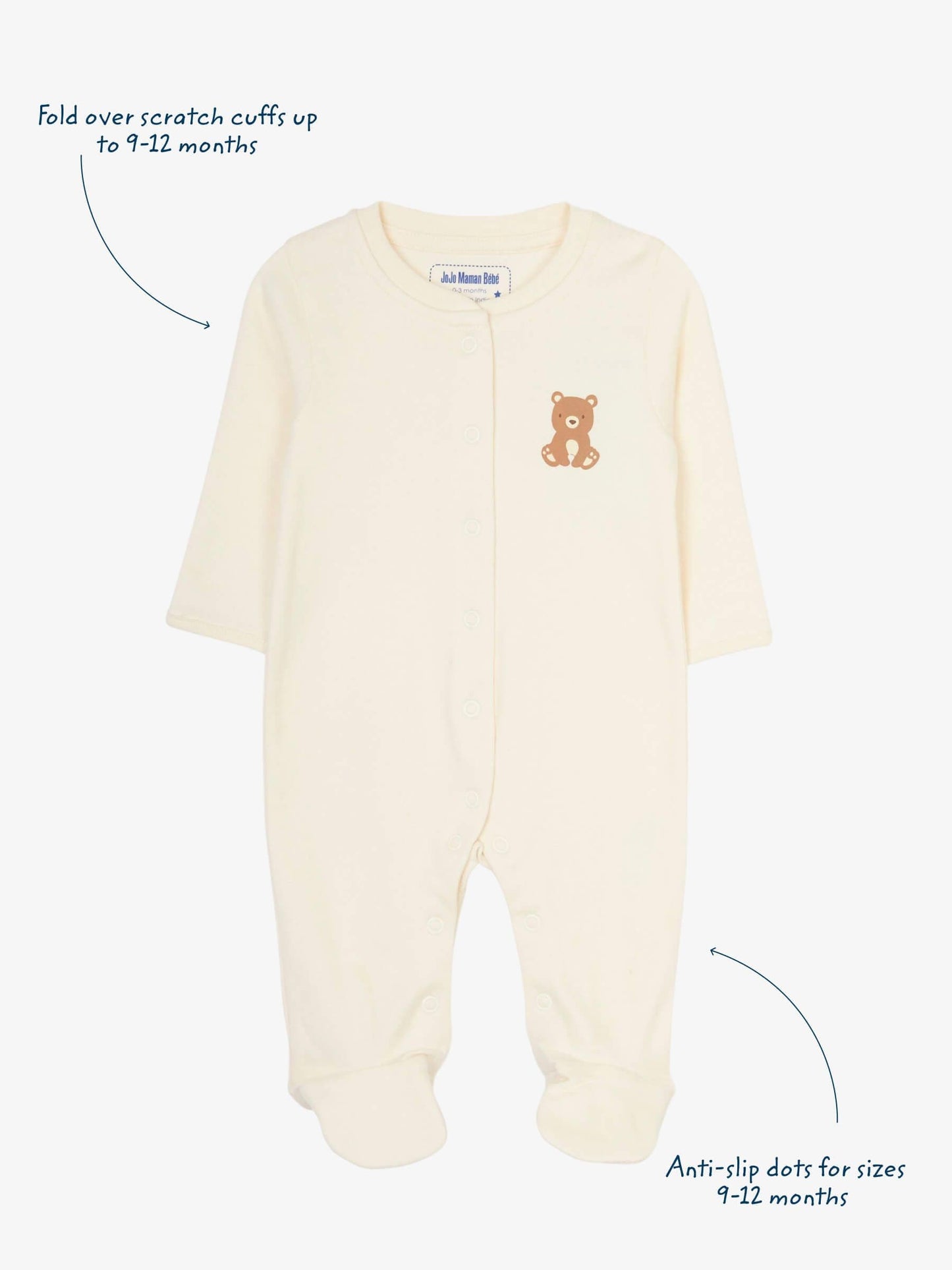 JoJo Maman Bébé Natural Cream Cotton Footed Animal Print Sleepsuits 3-Pack image 3