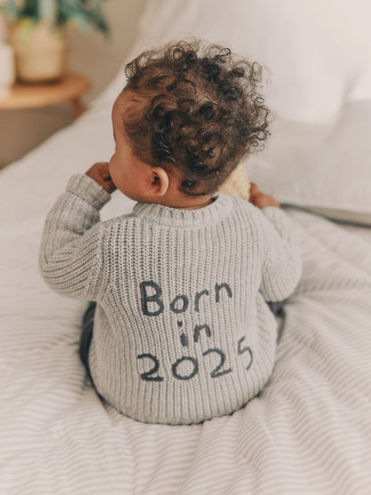 Grey Born In 2025 Baby Knitted 100% Cotton Cardigan