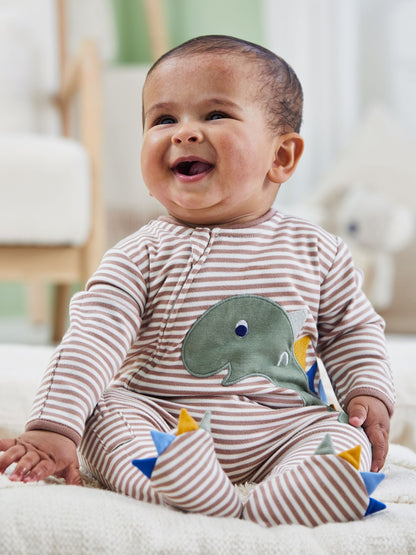 JoJo Maman Bébé Natural Stripe Dino Appliqué Zip Sleepsuit image 1