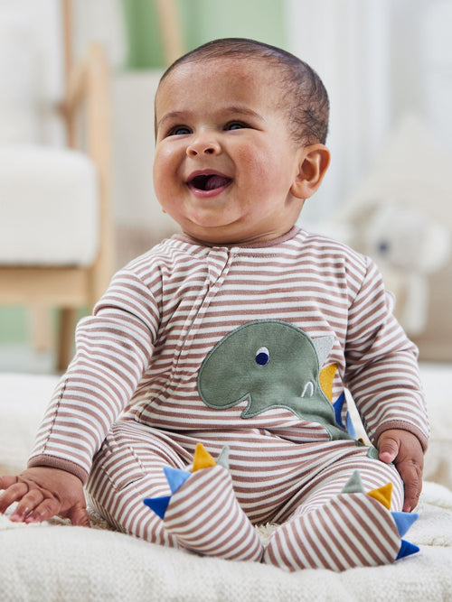 JoJo Maman Bébé Natural Stripe Dino Appliqué Zip Sleepsuit image 1