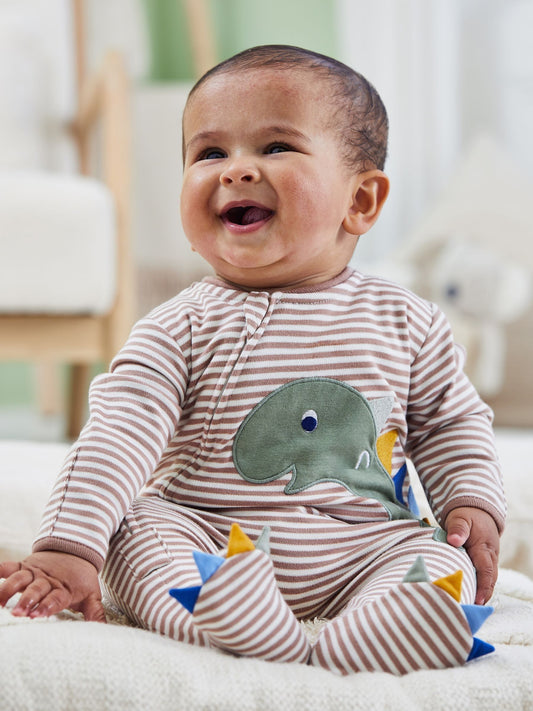 JoJo Maman Bébé Natural Stripe Dino Appliqué Zip Sleepsuit image 1