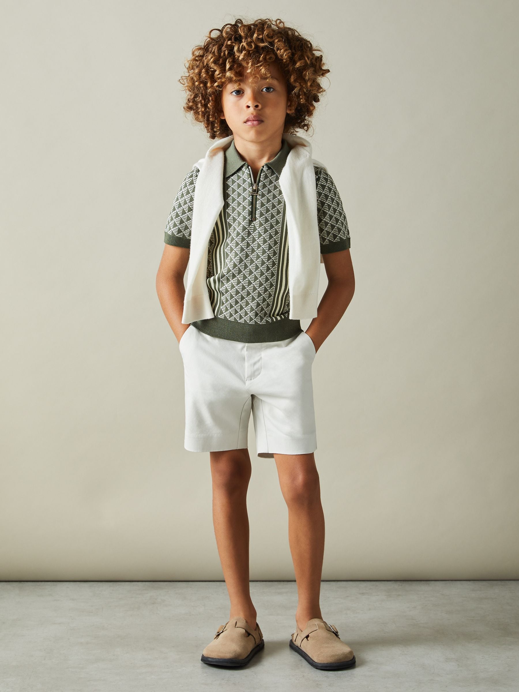 Dsiney Kidz - Reiss Sage/Off White Sanderson 3-9 yrs Diamond Stitch Half-Zip Polo Shirt image 1