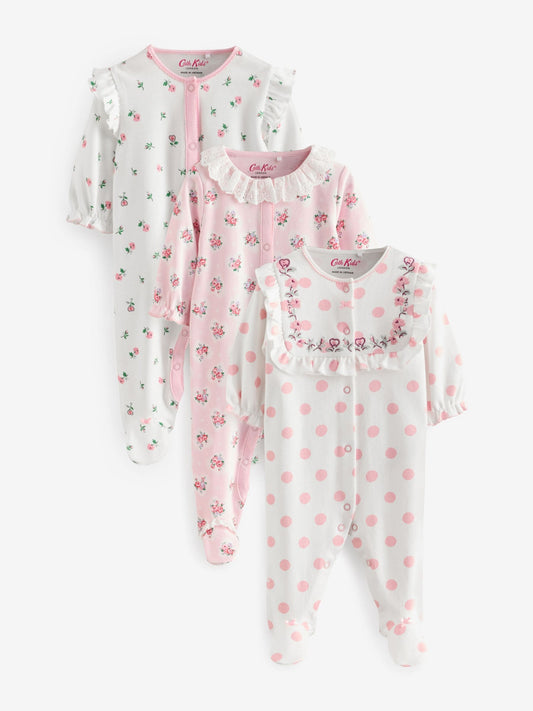 Pink Cath Kidston Floral Baby 100% Cotton Sleepsuits 3 Pack image 1
