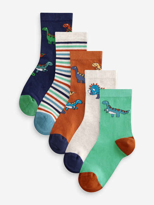 Brown/Green/Navy Blue Dinosaurs Print Rich Socks 5 Pack image 1