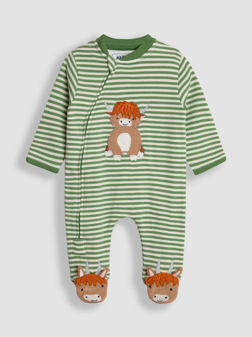 JoJo Maman Bébé Green Highland Cow Farmyard Appliqué Zip Sleepsuit image 1