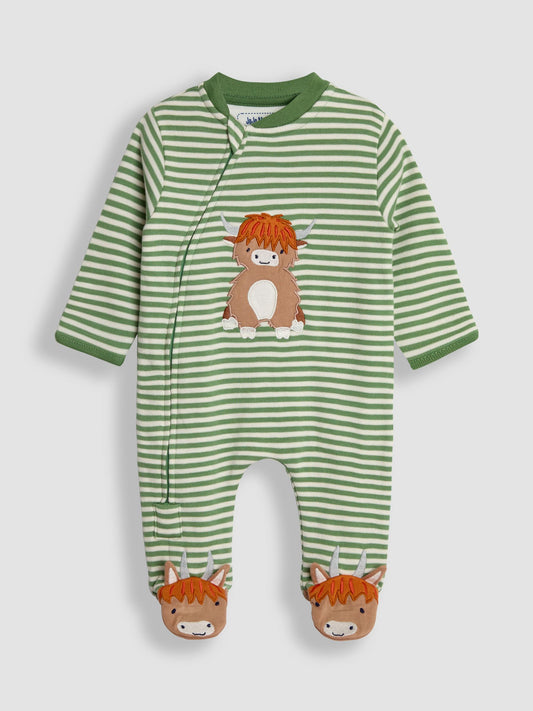 JoJo Maman Bébé Green Highland Cow Farmyard Appliqué Zip Sleepsuit image 1