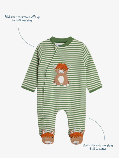 JoJo Maman Bébé Green Highland Cow Farmyard Appliqué Zip Sleepsuit image 3