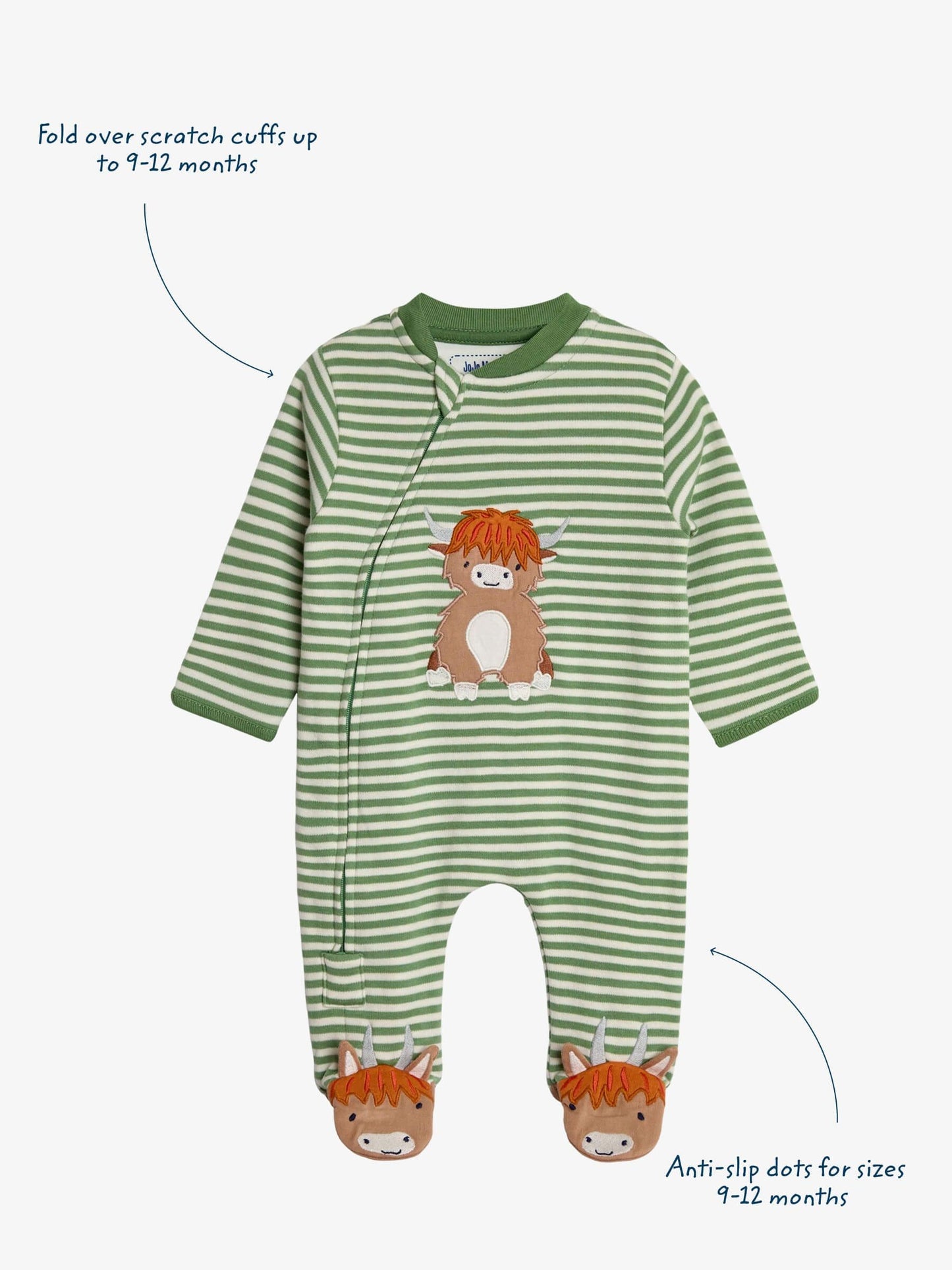 JoJo Maman Bébé Green Highland Cow Farmyard Appliqué Zip Sleepsuit image 3