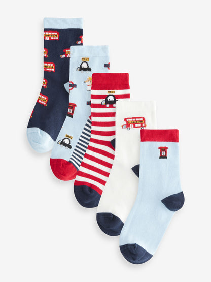 Blue/Red London Bus Character Cotton Rich Socks 5 Pack image 1