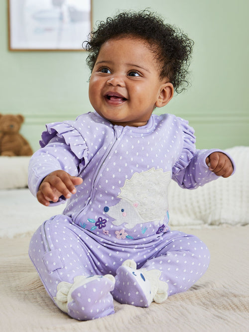 JoJo Maman Bébé Lilac Hedgehog Appliqué Zip Sleepsuit image 1