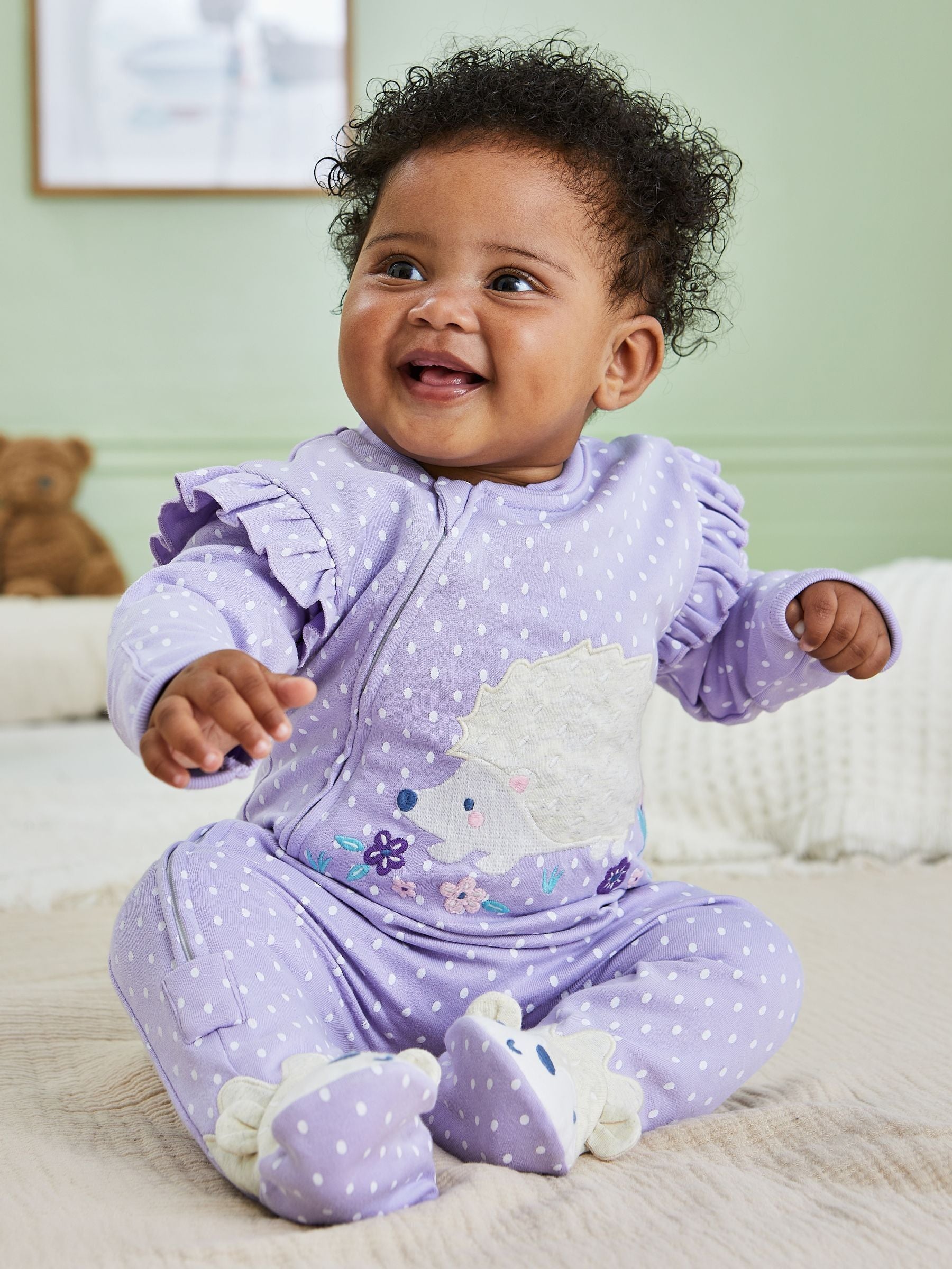 JoJo Maman Bébé Lilac Hedgehog Appliqué Zip Sleepsuit image 1