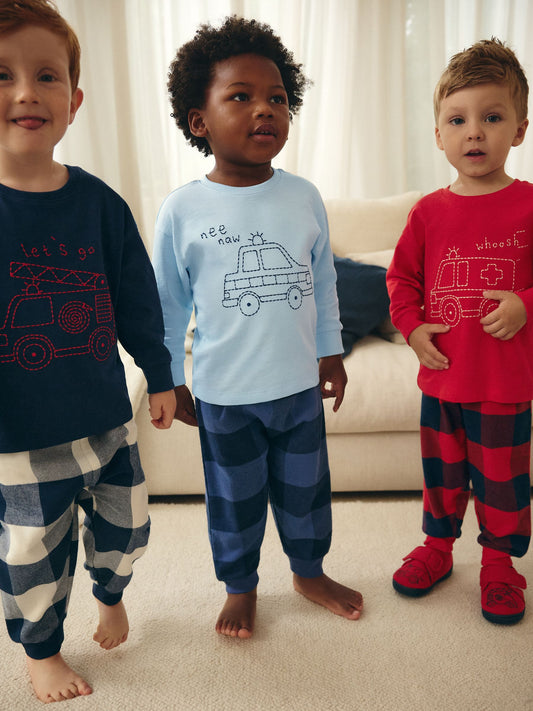 Red/Navy/Blue Vehicle Check Woven Bottom Pyjamas 3 Pack (9mths-12yrs) image 1