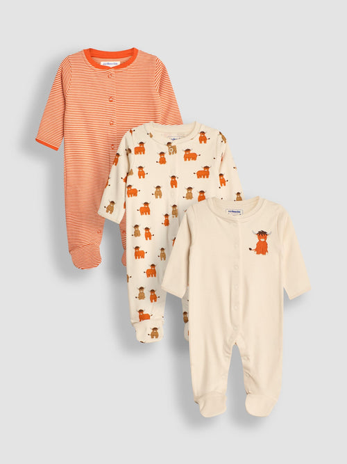 JoJo Maman Bébé Rust Cow Cotton Footed Animal Sleepsuits 3-Pack image 1