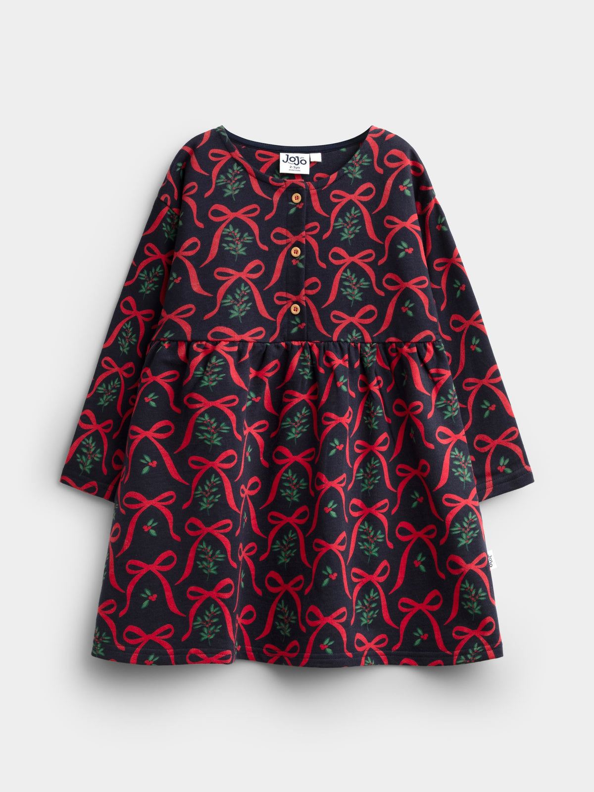 JoJo Maman Bébé Navy Blue Bow & Mistletoe Bow Printed Jersey Dress - image 1