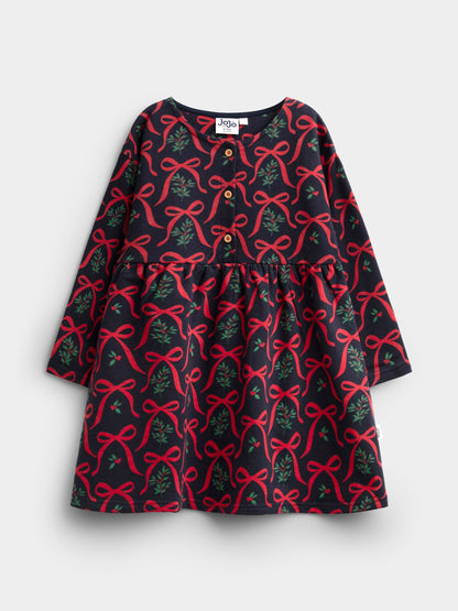 JoJo Maman Bébé Navy Blue Bow & Mistletoe Bow Printed Jersey Dress - image 1