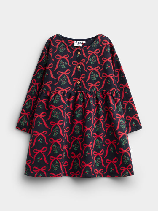 JoJo Maman Bébé Navy Blue Bow & Mistletoe Bow Printed Jersey Dress - image 1