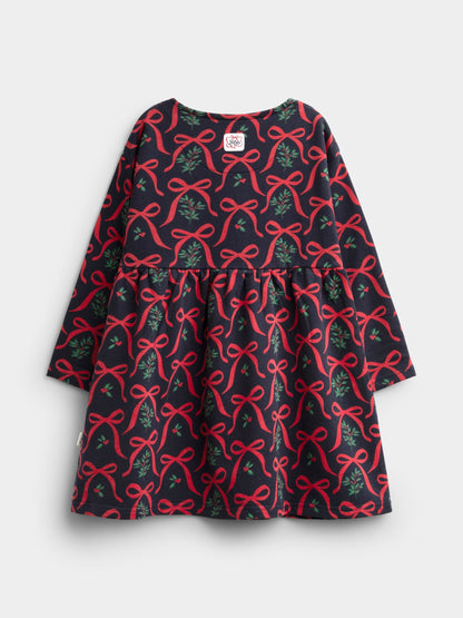 JoJo Maman Bébé Navy Blue Bow & Mistletoe Bow Printed Jersey Dress - image 2