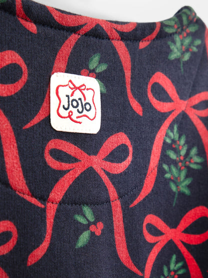 JoJo Maman Bébé Navy Blue Bow & Mistletoe Bow Printed Jersey Dress - image 4