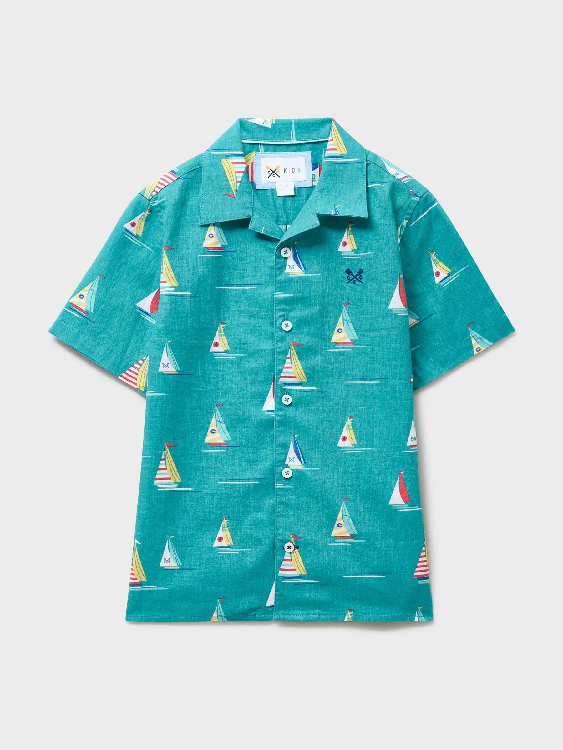Dsiney Kidz - Crew Clothing Blue Sailing Boat Print Linen-Blend Resort Shirt image 1