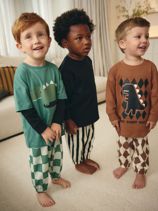 Green/Black/Rust Checkerboard Oversized Pyjamas 3 Pack (9mths-10yrs) image 1