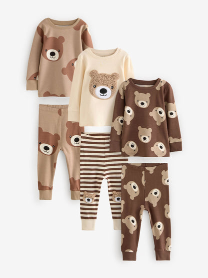 Brown/Cream 3 Pack Snuggle Pyjamas (9mths-6yrs)
