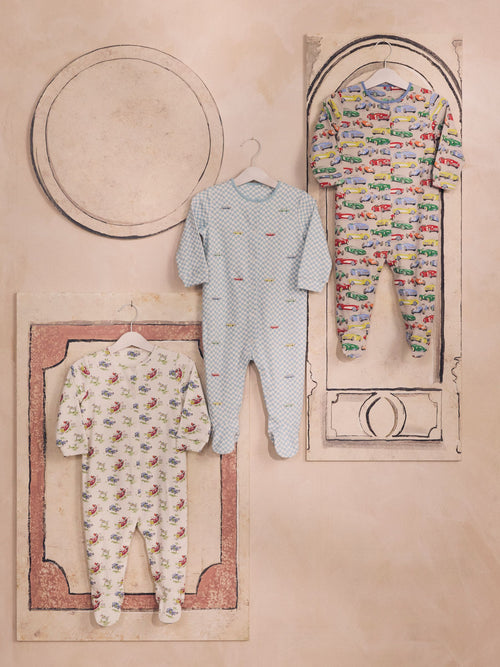 Blue/Green Cath Kidston Cars Baby 100% Cotton Sleepsuits 3 Pack image 1