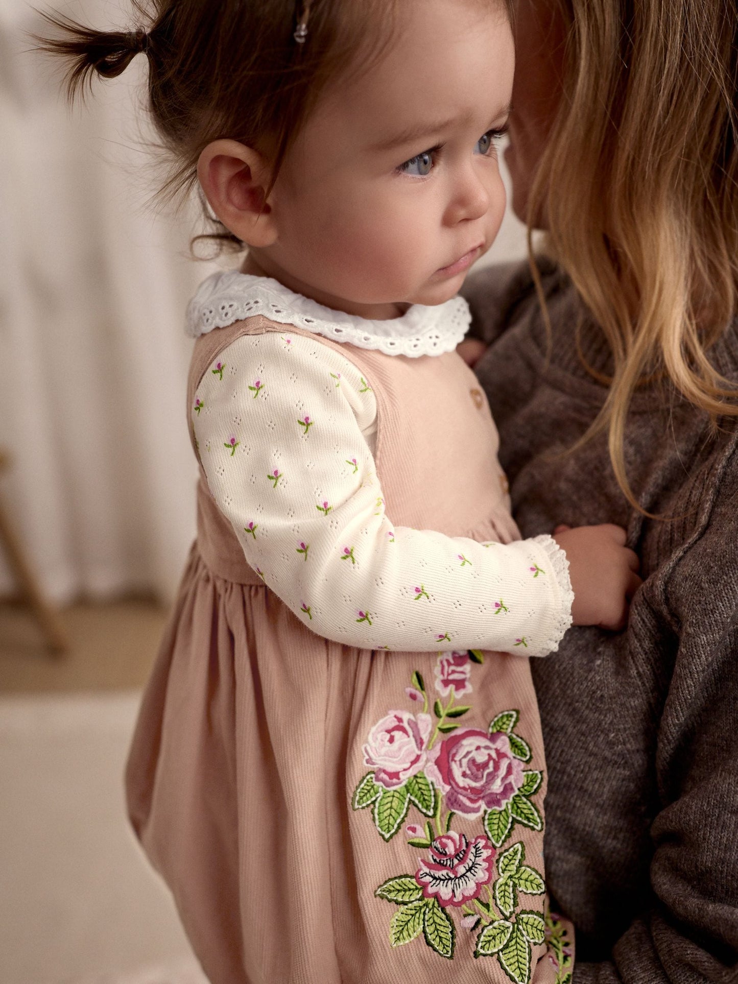 Cath Kidston Beige Embroidered Corduroy Pinafore 100% Cotton Dress with Tights