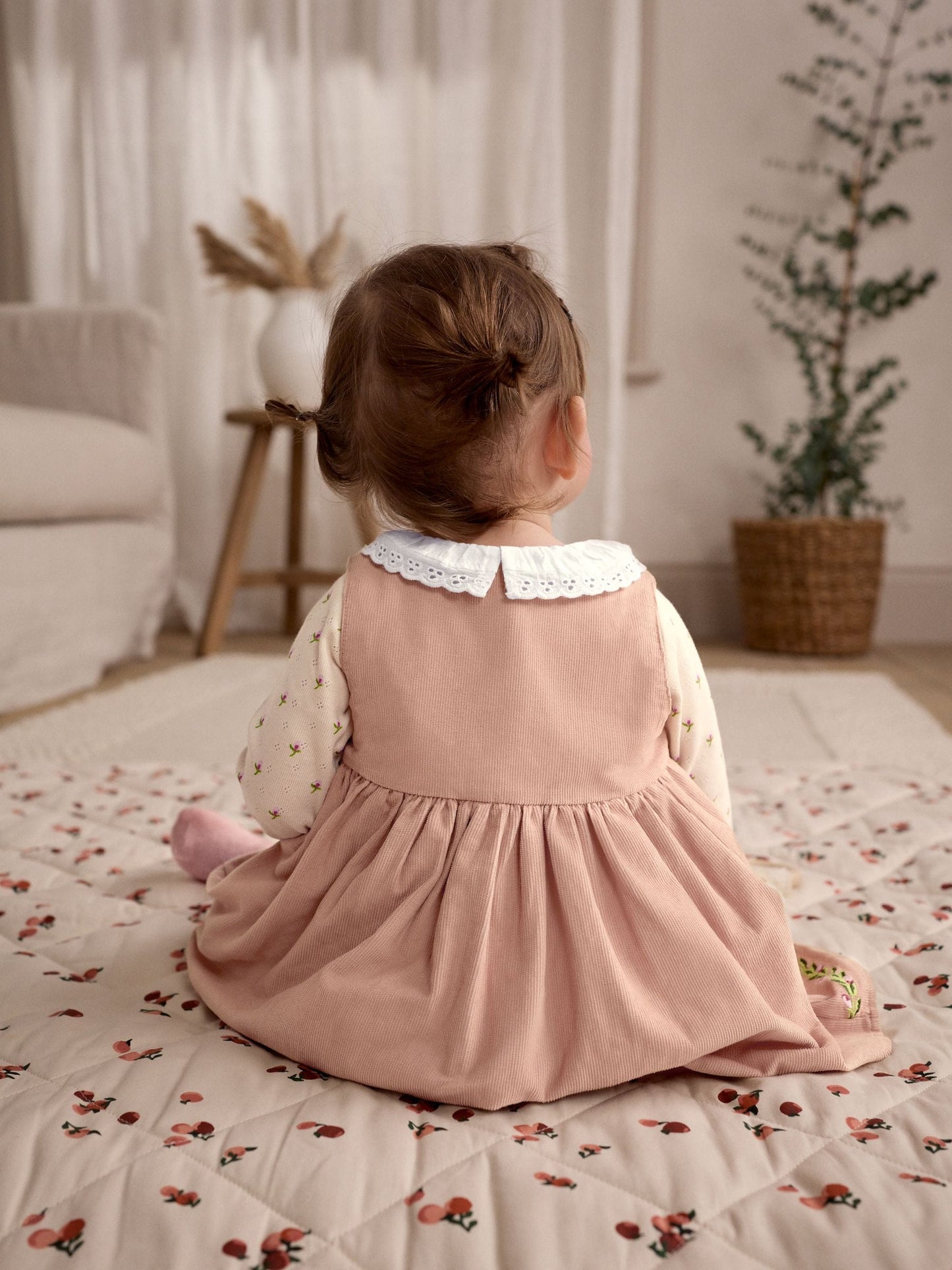 Cath Kidston Beige Embroidered Corduroy Pinafore 100% Cotton Dress with Tights