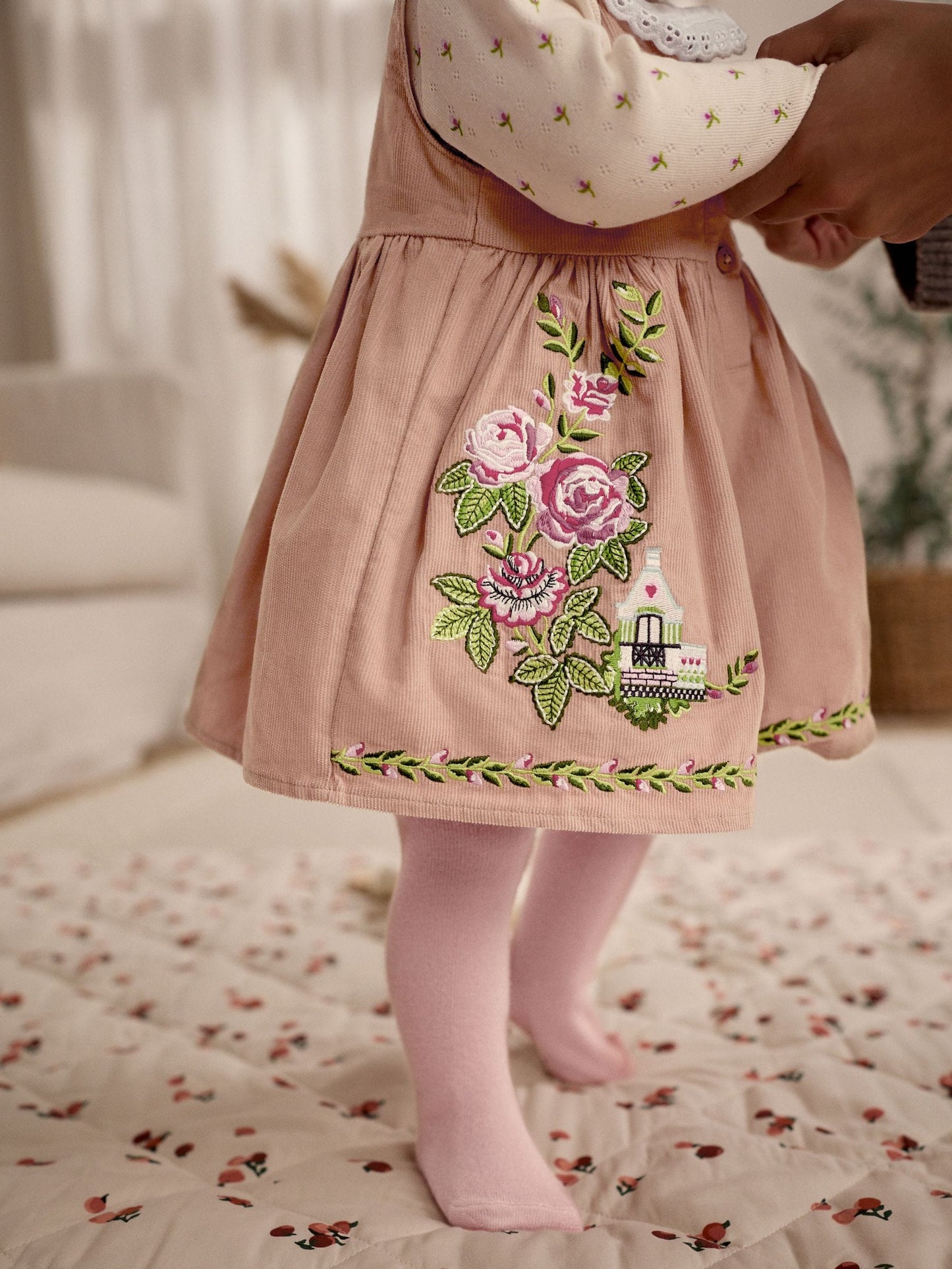 Cath Kidston Beige Embroidered Corduroy Pinafore 100% Cotton Dress with Tights