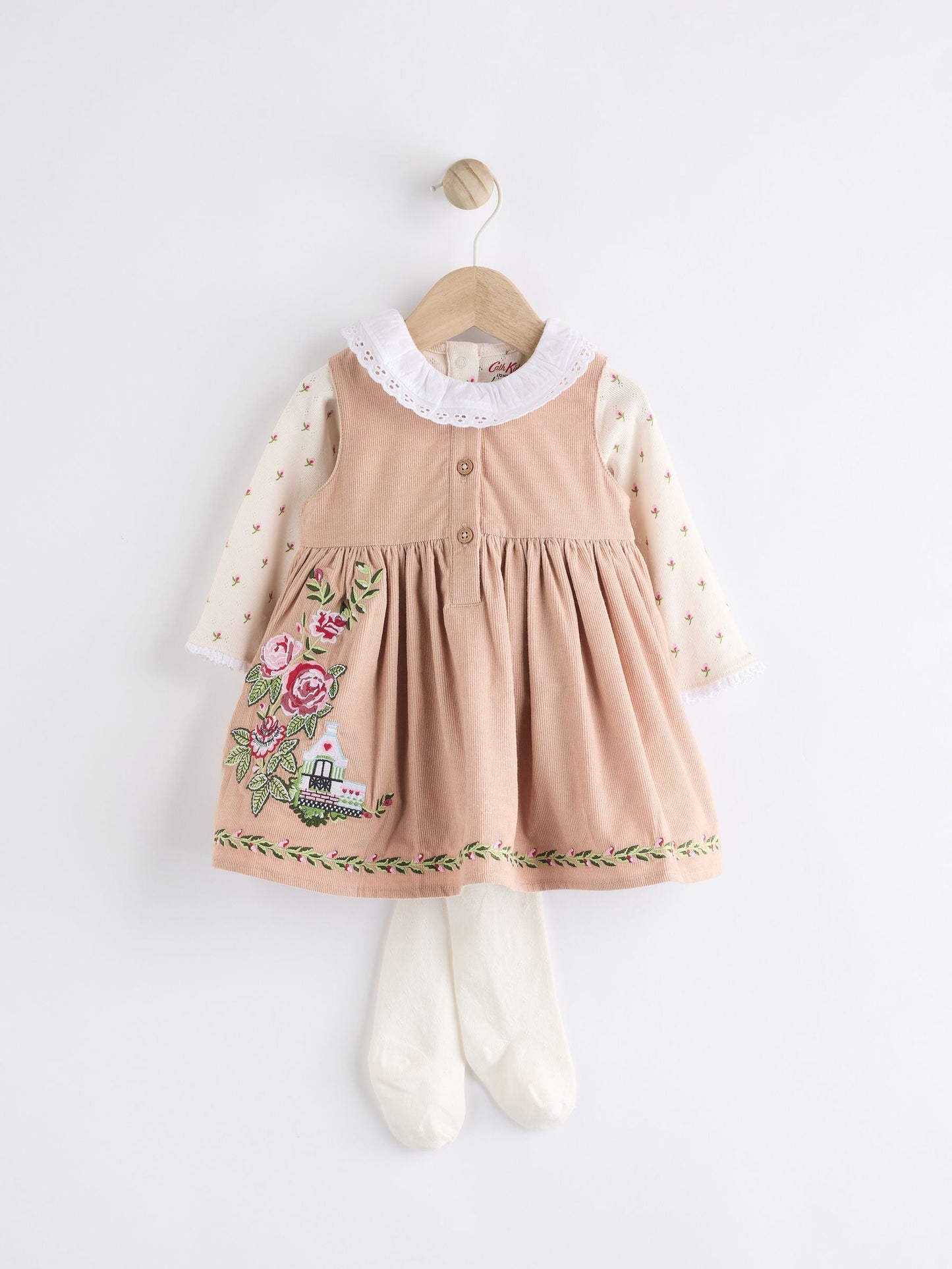 Cath Kidston Beige Embroidered Corduroy Pinafore 100% Cotton Dress with Tights