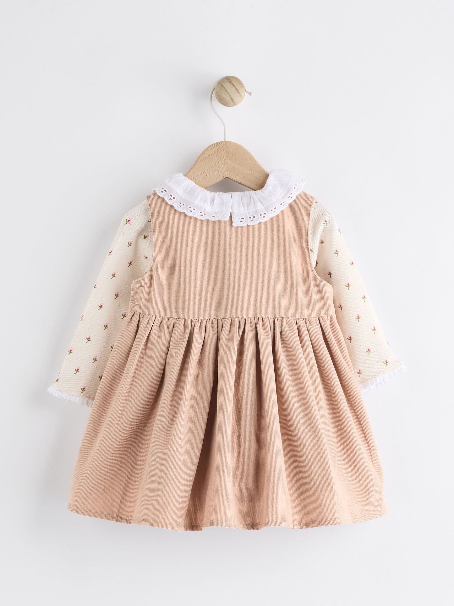Cath Kidston Beige Embroidered Corduroy Pinafore 100% Cotton Dress with Tights